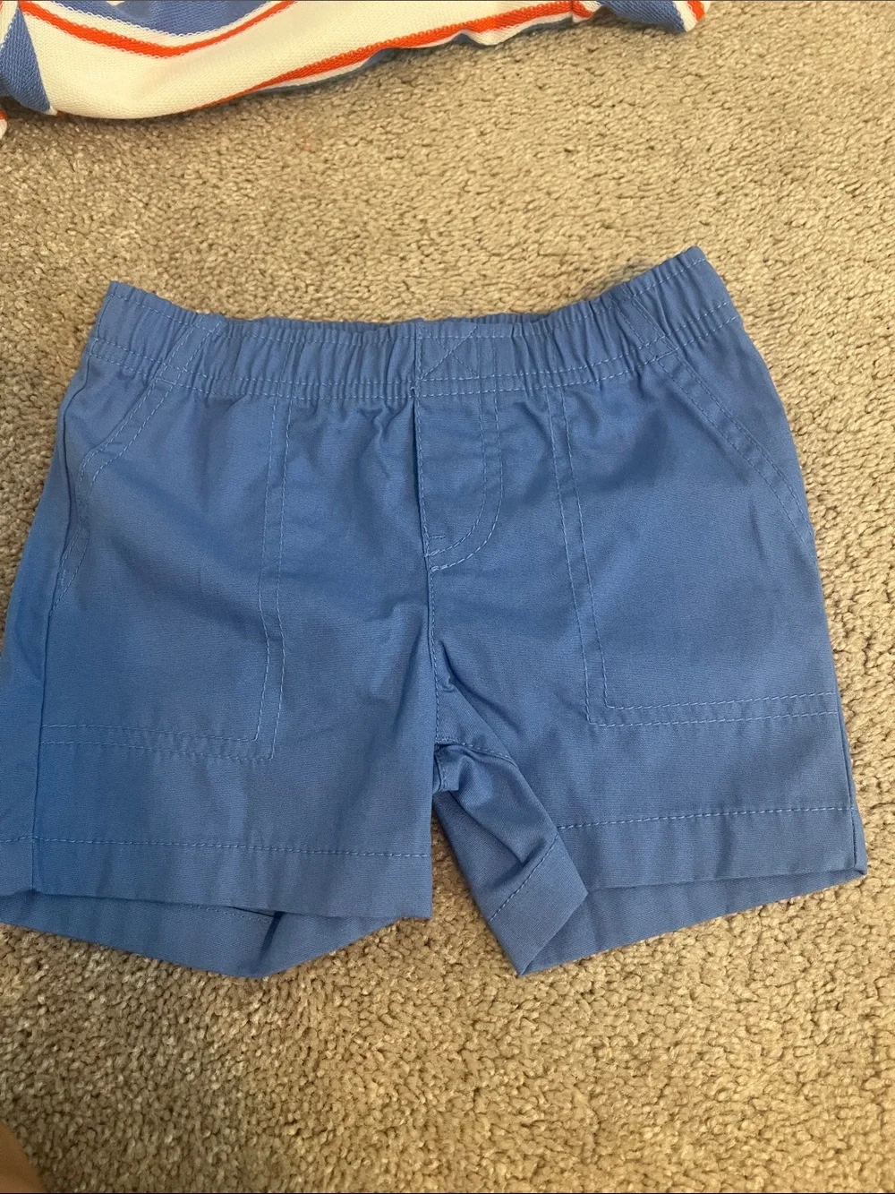 Carter's Cream Tee with Blue and Red Stripes with blue shorts